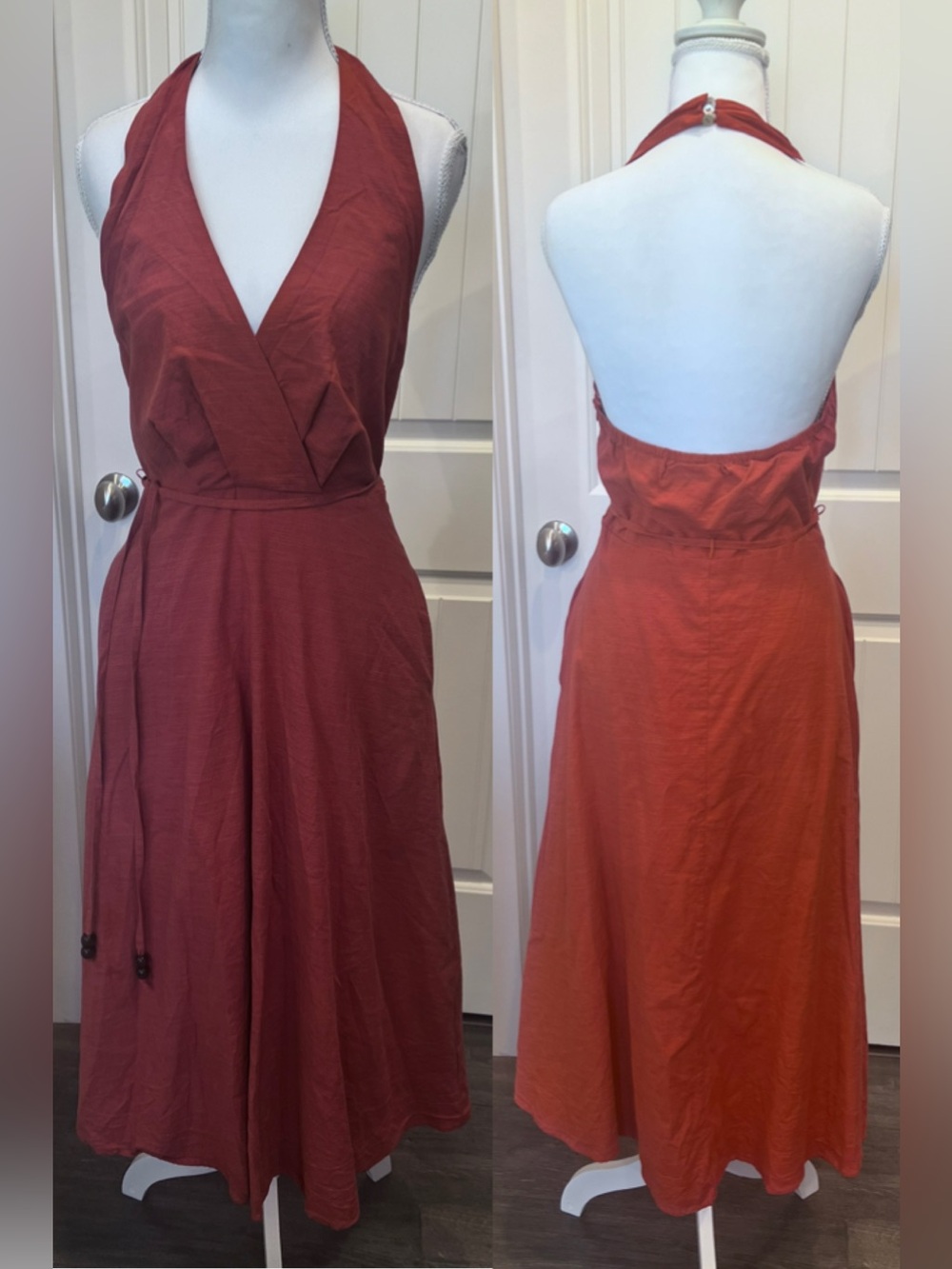 Lulu's Halter Backless Midi Linen Cotton Blend Rayon Lining Dress Rust Small